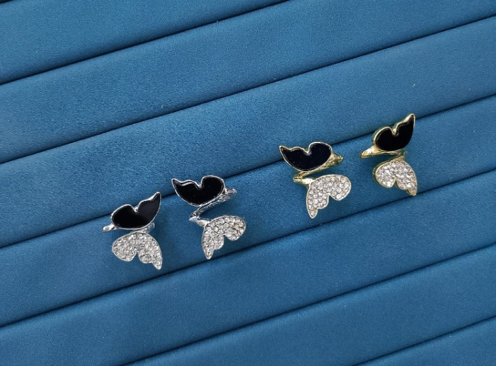 Zircon Butterfly Style Earrings for Women – Elegant Golden & Silver Studs with Black Enamel and Sparkling Stones (AWJ-997) - Golden