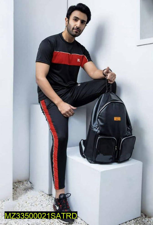 Men Slim Fit Track Suit Black Red