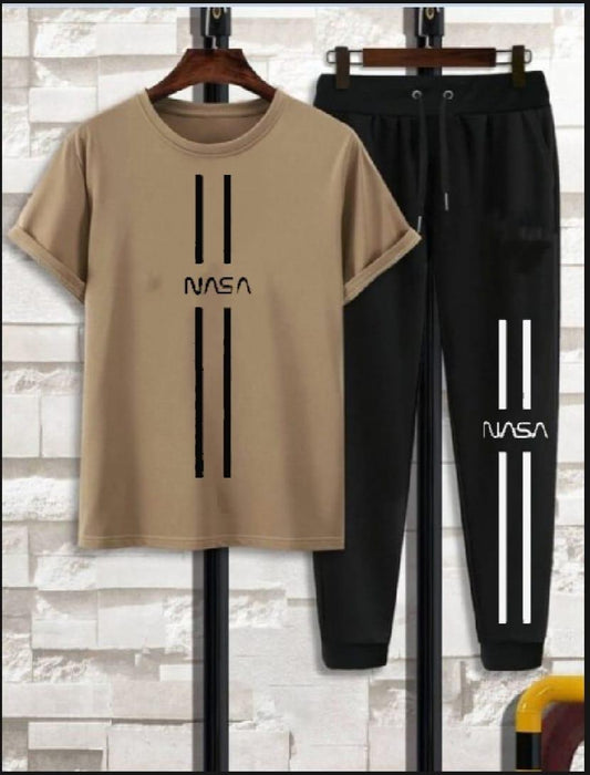 Men NASA Printed Track Suit Beige 2Pcs